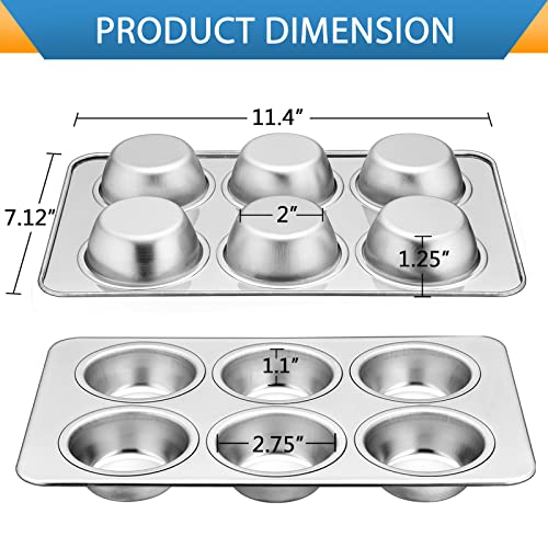 E-far Muffin Pan Set of 2, Stainless Steel Muffin Pan Tin for Baking, 6-Cup Metal Cupcake Pan Tray, Non-toxic & Healthy, Oven & Dishwasher Safe, Regular Size - 11.44 x 7.12 x 1.25 inch - Image 3