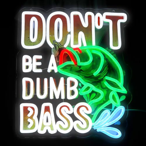 Image of Fish Neon Lights Don't Be a Dumb Bass Neon Signs Wall Decor for Bedroom,Game Room, Man Cave Fishing Gifts For Men, Dad For Fisherman, Father-14.37 x 12.2IN-USB Powered-Acrylic