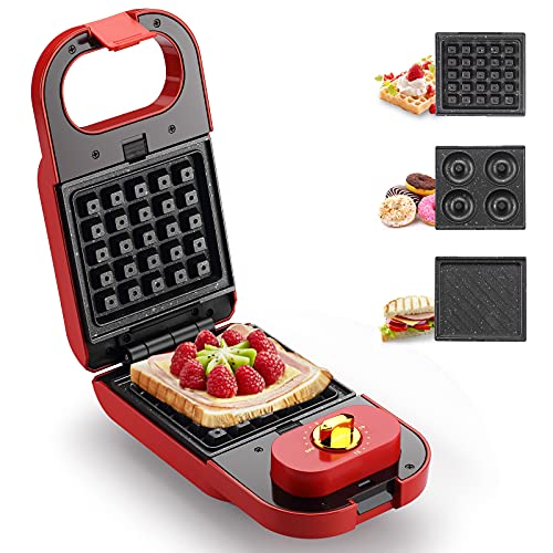 Homeleader Sandwich Maker, Waffle Maker, Donut Maker, 3-in-1 Detachable Non-stick Coating, LED Indicator Lights, Cool Touch Handle, Anti-skid Feet