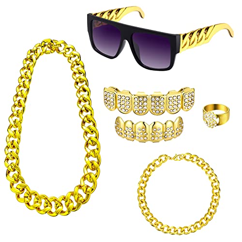 5 Pieces 80s 90s Rapper Hip Hop Costumes Accessories Kit Includes Plated Gold Grills Teeth Sunglasses Fake Gold Chain Necklace Ring Bracelet for Men Women 80s 90s Halloween Costumes Cosplay