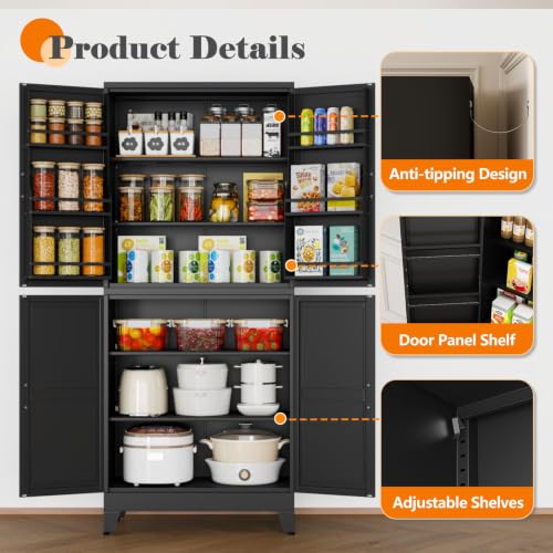 Image of GAIOUS 74.8 inch Tall Metal Food Cabinet, Black Kitchen Pantry Cabinet Cupboard | Food Storage, Kitchen Organizer, Storage Cabinet with 4 Door and 4 Adjustable Shelves, Steel Freestanding, for Dining Living