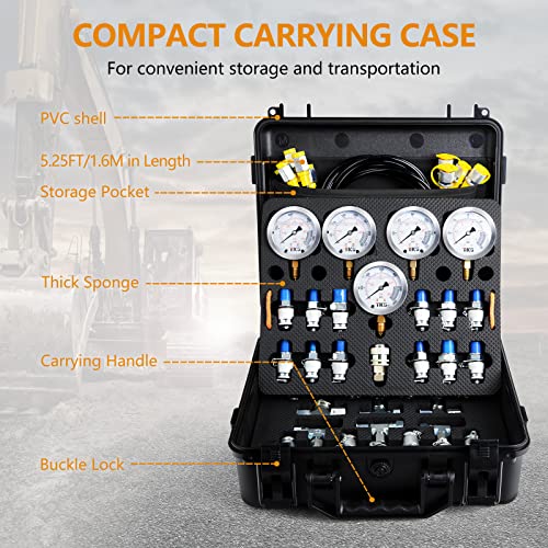 Image of Hydraulic Pressure Test Kit,600bar /8700psi / 60mpa 5 Gauges 13 Test Couplings 14 Tee Connectors 5 Test Hoses, Hydraulic Gauge Kit Sturdy Carrying Case for Mine Excavator Construction Machinery Ships