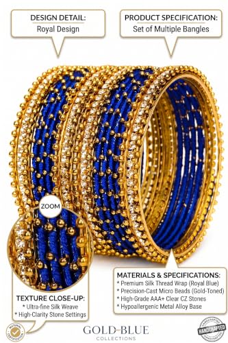 Image of NMII Non-Precious Metal with Base Metal and Zircon Gemstone Studded Ball Chain Linked Glossy Finished Silk thread Bangle set for Women and Girls