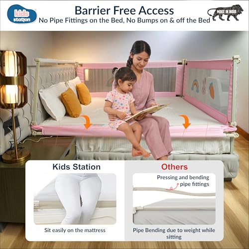 Image of Kids Station 1 Side Basic Bed Rail Guard (5.3ft x 2.6ft / 150x80cm), Bed Railing for Baby Safety, Kids Toddler Bed Protector Side Walls, Adjustable Height, Portable & Foldable (Pink)