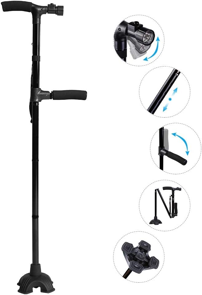 Handle Folding Cane, Self Standing Walking Stick 5 Height Adjustable Aluminum Alloy Portable