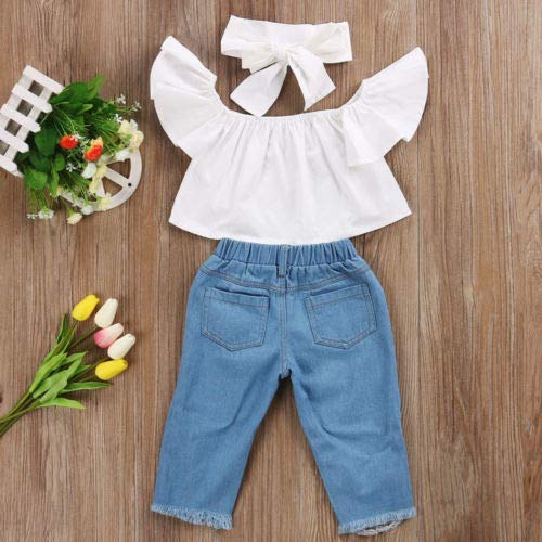 Ambabe 3Pcs Toddler Baby Girl Summer Clothes Solid White Off Shoulder Tube Top+Ripped Jeans+Headband Pants Outfits Set, 3-4T #TOP2