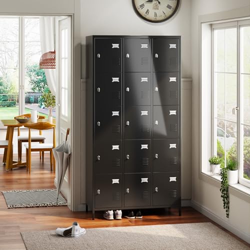 Image of METAN Metal Locker for School Office Gym Bedroom, 15 Doors Black Steel Storage Locker Cabinet for Employees, Industrial Storage Locker, Assembly Required (15 Door-Black)