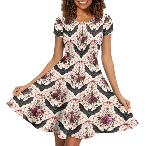 Image of POLERO Women Puffy Swing Elegant Party Midi Dresses Short Sleeve Round Neck A-Line Dress