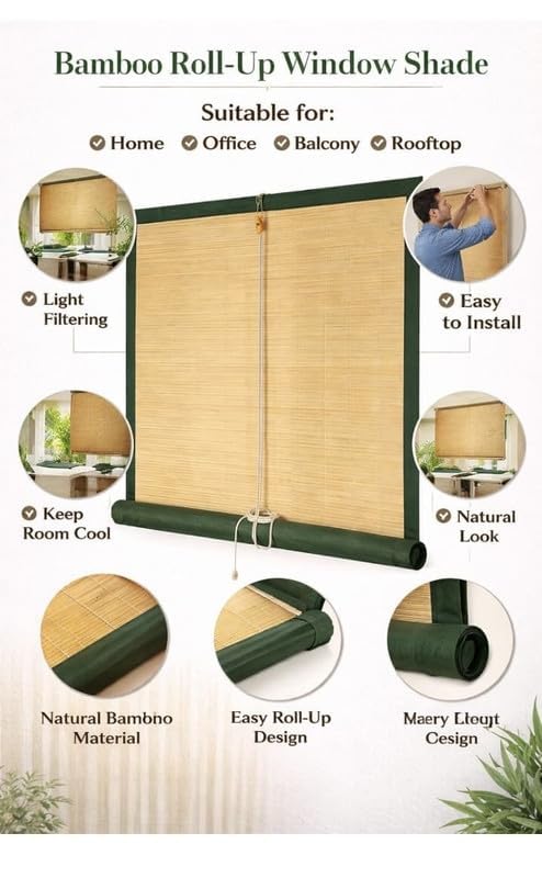 Image of BambooAura Natural Bamboo Roll-Up Window Shade Blind | Light Filtering Bamboo Chick Curtain | Eco-Friendly Sun Protection (4ft x 7ft - W x H) (Natural Beige with Dark Green Border, (4ft x9ft -W x H))