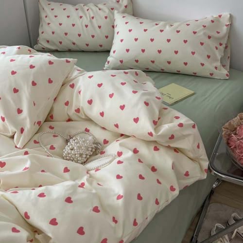 Image of Nayoroom Heart Duvet Cover Twin Size Kawaii Pink Heart Printed on Cream White Bedding Set 2Pcs Kids Girls Cute Heart-Shaped Pattern Comforter Cover with Zipper Closure Soft Breathable Microfiber