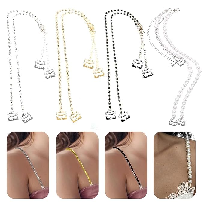 Fancy Bra Straps for Women, Pearl Rhinestone Diamond, Adjustable Non-Slip Bling Shoulder Straps, 4 Pairs, for Wedding and Party-image-26