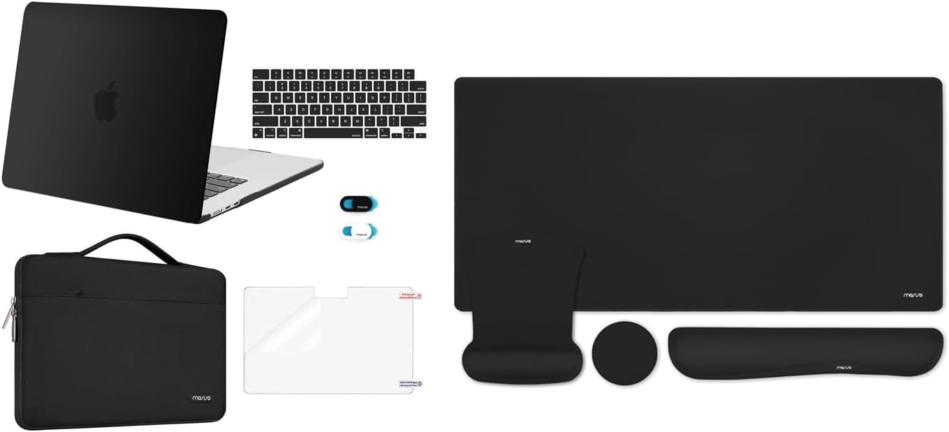MOSISO Compatible with MacBook Air 15 inch Case 2023 2024 M3 A3114 M2 A2941, Gaming Mouse Pad&Keyboard&Mouse Wrist Rest&Coaster&Carrying Bag&Keyboard Cover&Webcam Cover&Screen Protector, Black