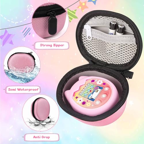 Meetikar Carrying Case and Silicone Cover Compatible with Tamagotchi Pix Virtual Pet Game Machine, (5-in-1) Silicone Cover for Tamagotchi Pix, with Finger Lanyard and Screen Protector (Pink)