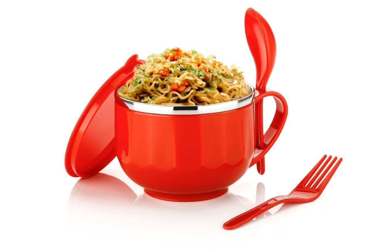 Simplyhut Noodles & Soup Bowl - Plastic & Stainless Steel Bowl with Spoon Fork for Pasta, Soup, Maggie Food Serving, Noodles Cup Mug Container with Spoon Holder(650ML)-image-1