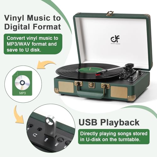 Bluetooth Record Player, 3-Speed Portable Suitcase Turntable with Built-in Speakers, USB Recording to MP3, RCA Line Out, AUX Input, Headphone Jack, Dark Green Bluetooth Record Player, 3-Speed Portable Suitcase Turntable with Built-in Speakers, USB Recording to MP3, RCA Line Out, AUX Input, Headphone Jack, Dark Green - Image 6