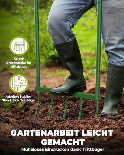 Signstek Grabegabel mit 5 Zinken – 130 cm Gesamtlänge, 51 cm Arbeitsbreite, 30 cm Zinkenlänge – zerlegbare Broadfork zum Tiefenlockern und Belüften des Gartenbodens, ergonomisch & rückenschonend