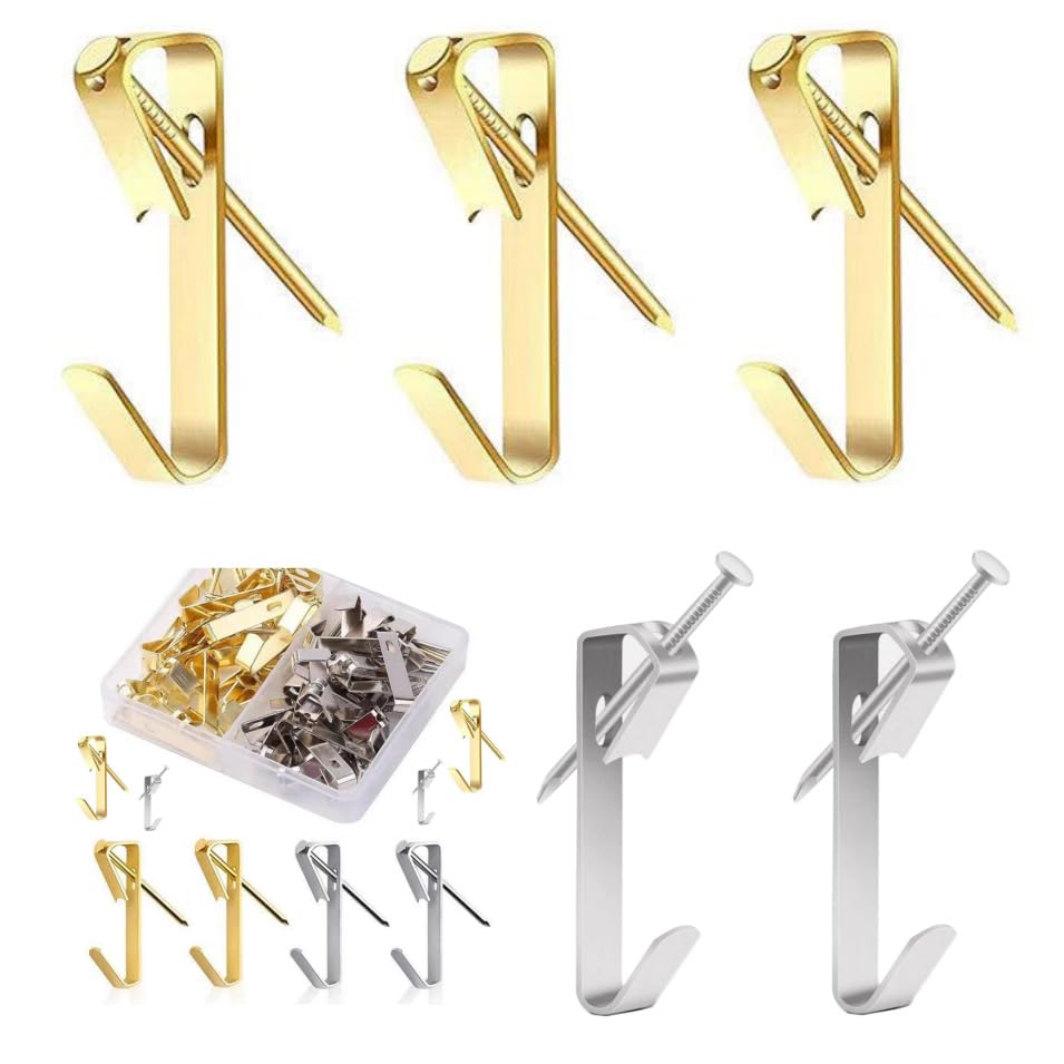 Image of 80pcs Picture Hangers, Picture Hooks for Hanging Pictures, 30Lb Frame Hooks Painting Hangers Hooks Set with Nails, on Drywall, Wooden Wall Photo Frame, Mirror, Canvas, Wall Art (Gold+Silver)