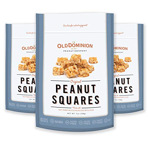 Old Dominion Original Peanut Square- 3 Bags. Salty Peanuts Nestled in a Delicate Brittle Glaze. Fresh Peanut Brittle Candy Made from Virginia Peanuts. Old Fashioned Peanut Brittle Made in USA.