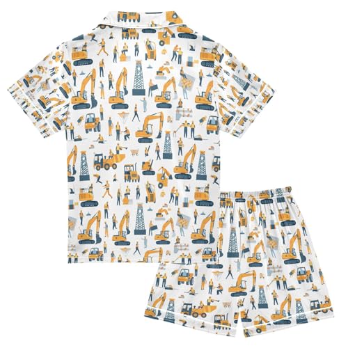 senya Cartoon Excavator 1 Satin Summer Pajama Sets Silk Short Sleeve Button Down Sleepwear2