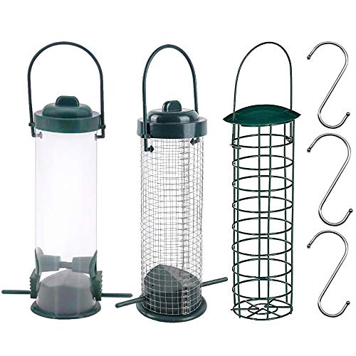 3 comederos para pájaros colgantes y 3 ganchos colgantes para colgar bolas de grasa para pájaros, comederos de cacahuete para comederos de pájaros, estaciones de jardín, parque, patio, al aire
