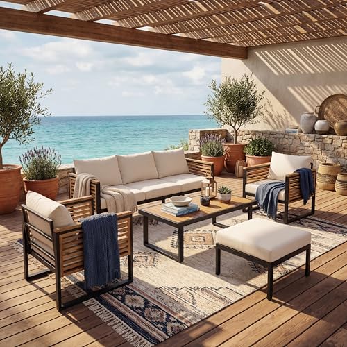 Merax Outdoor 5-Piece Acacia Wood & Metal Patio Sofa Set, Industrial Style 3-Seater Sofa, 2 Club Chairs, Ottoman & Coffee Table for Backyard & Garden