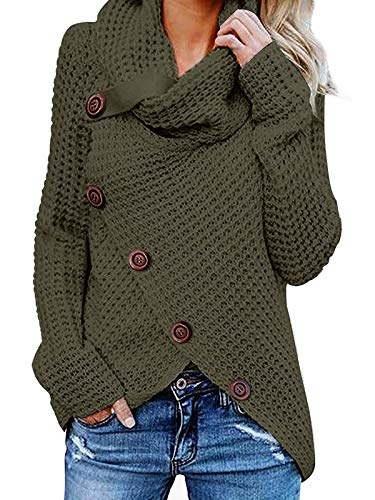 kenoce Jersey Mujer Jersey de Cuello Alto Mujer Jersey Grueso Pullover Jersey Jersey Dobladillo Asimétrico D-Verde Militar M