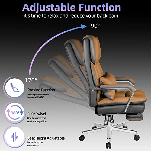 Seekfancy Reclining Office Chair With Footrest O203, Big And Tall Office Chair 500Lbs Wide Seat With 170° Backrest, High Back Large Executive Office Chair Lumbar Support，Brown Leather Managerial Chair #TOP4