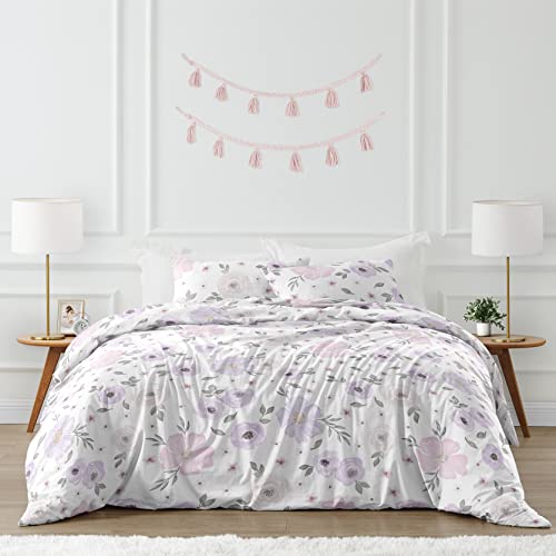 Image of Sweet Jojo Designs Lavender Purple, Pink, Grey and White Shabby Chic Watercolor Floral Girl Full /Queen Teen Childrens Bedding Comforter Set - 3 Pieces - Rose Flower