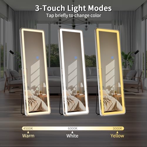 Image of Koonmi Full Length Mirror with LED Lights, 65 inchx26 inch Lighted Mirror with Dimming & 3 Color Lighting, Big Mirror for Bedroom, Dressing Room, Rectangle,White