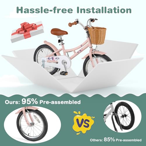Image of BABY JOY Retro Kids Bike, 12 14 16 18 Inch Child Bike for 3-8 Years Old w /Rattan Basket, Adjustable Height, Training Wheels, Fenders, Handbrake Coaster Brake, 95% Pre-Assembled Kids Bicycle for Girls