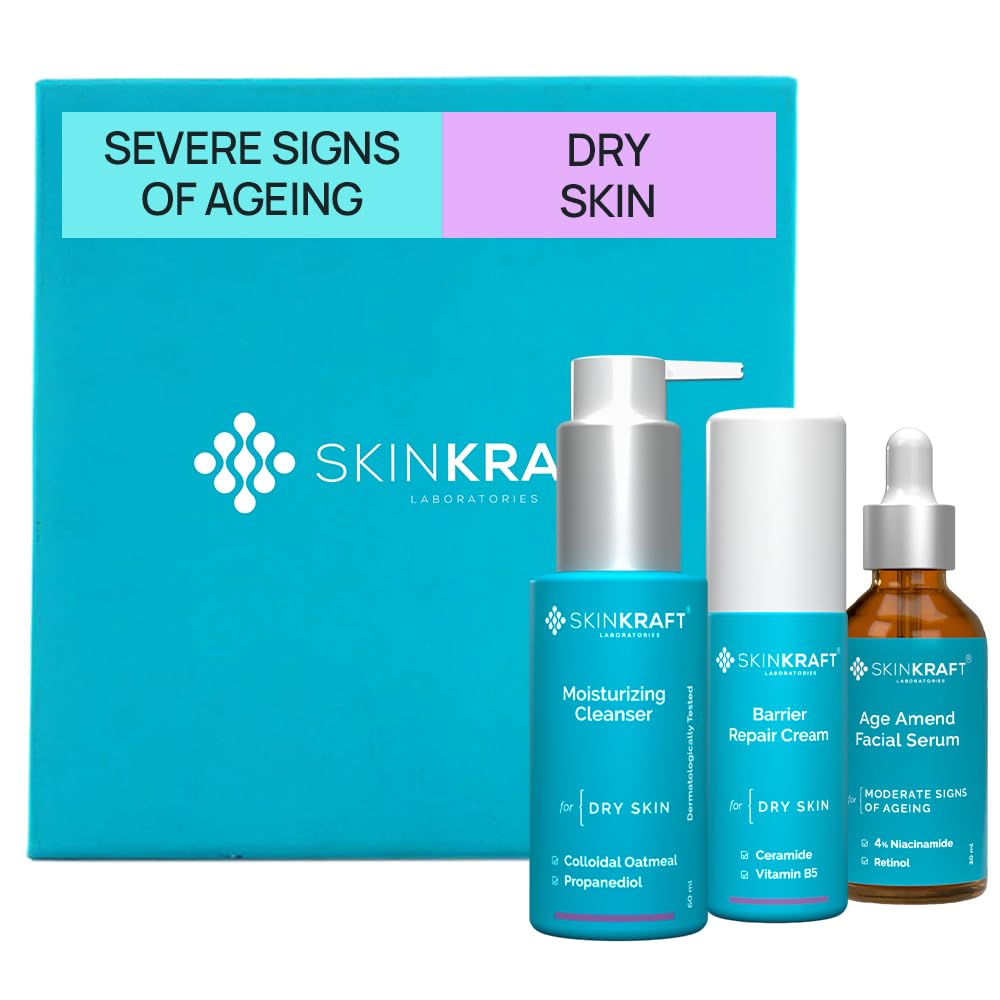 SkinKraft Anti-Aging Regimen for Dry Skin – Peptides, Resveratrol, Ferulic Acid & Ceramides – 3-Step Skincare Routine for Severe Signs of Aging with Barrier Repair & Deep Hydration – Cleanser, Cream & Serum – Pack of 3