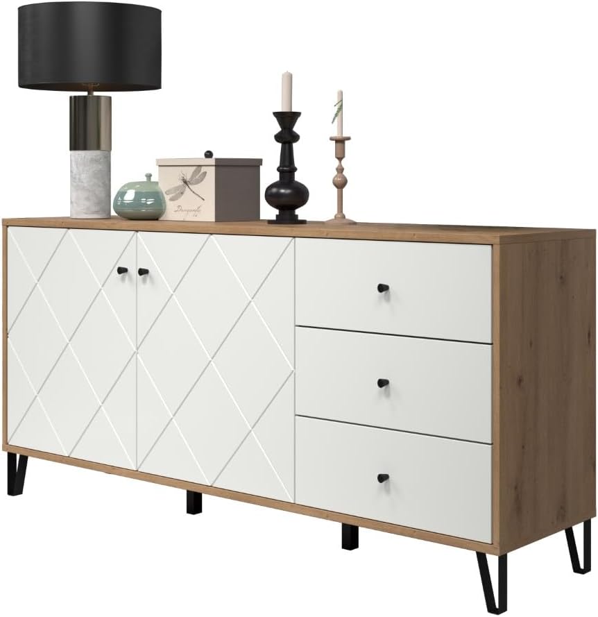 trendteam smart living - Touch - Sideboard - Artisan Eiche/Weiß - Highboard mit 2 Türen und 3 Schubladen - (BxHxT) 183 x 76 x 40 cm - moderne Metallfüße - kratzfest