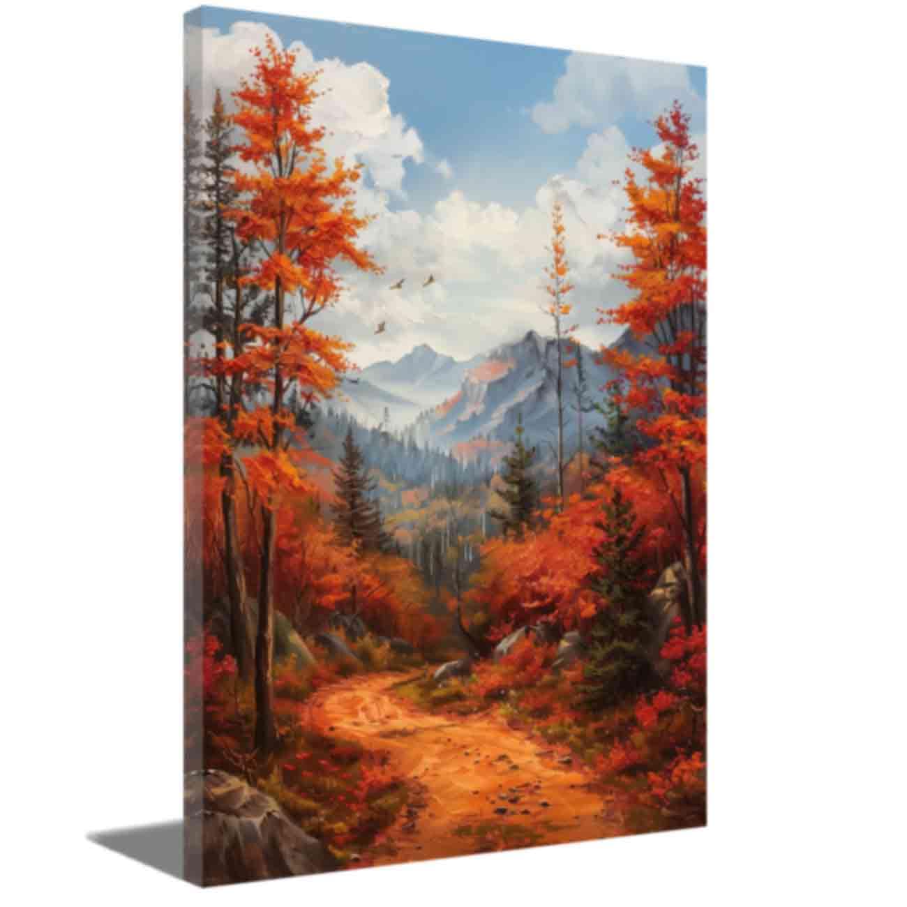 ZQQART Autumn Forest Canvas Wall Art Red Maple Trees Painting Fall Field Landscape Nature Artwork Prints for Living Room Office Kitchen Wall Decor (Blue,12.00" x 18.00")