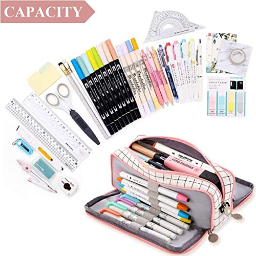 Image of Canvas Large Capacity Pencil Box For Girls&Boys,3 Compartments Pen&Pencil Pouches,Aesthetic Stationery Pouch For School Kids College Students,Cute Stationary Gift For Children (Plaide White)