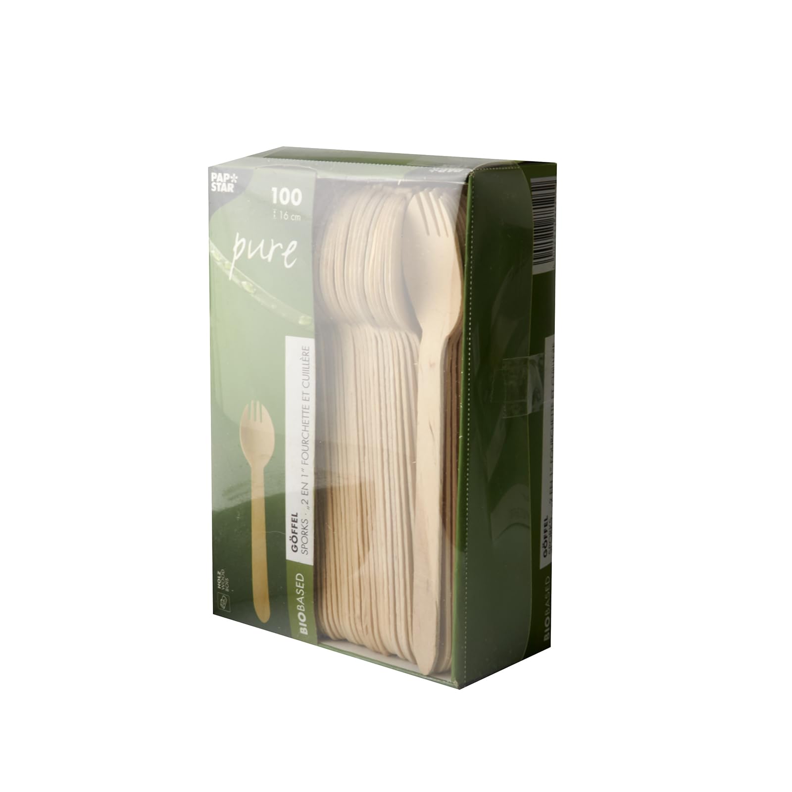 PAPSTAR Göffel, Holz Pure 16 cm Natur 88126 Kombination aus Gabeln und Löffeln Snackbesteck, 1000 Stück