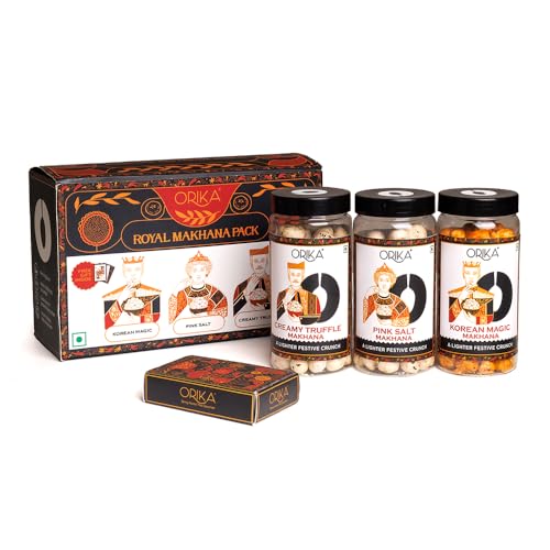 Orika Royal Makhana Gift Box | Korean Magic, Creamy Truffle & Pink Salt Flavored Makhana with Premium Playing Cards | Luxury Healthy Snack Gift Hamper