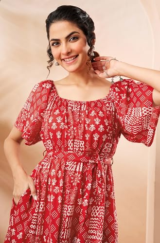 Image of Janasya Women's Red Pure Cotton Geometric Printed A-Line Dress