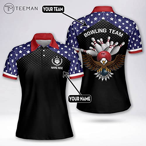 Teeman Personalized 3D Eagle American Flag Bowling Shirts For Women, Funny Bowling Shirts Short Sleeve Polo For Girls, Bowling Team Shirts For Women #TOP5