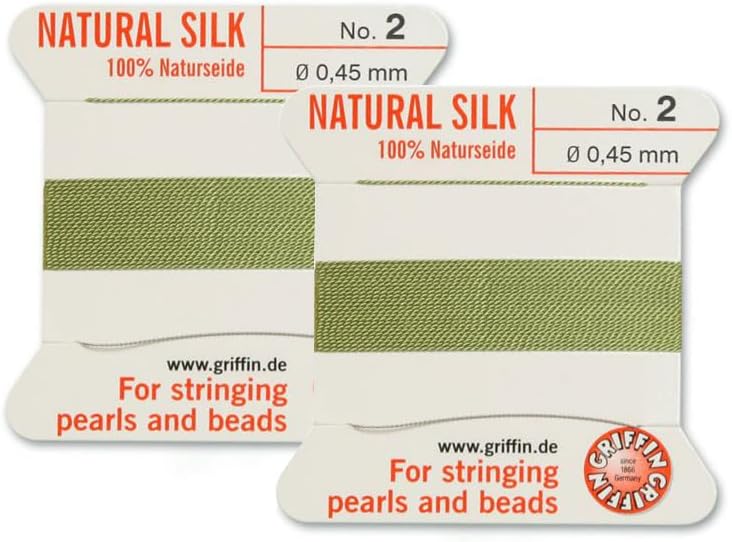 2 Pcs Griffin Natural Silk Beading Cord Thread and Needle Size 2 Jade Green Color