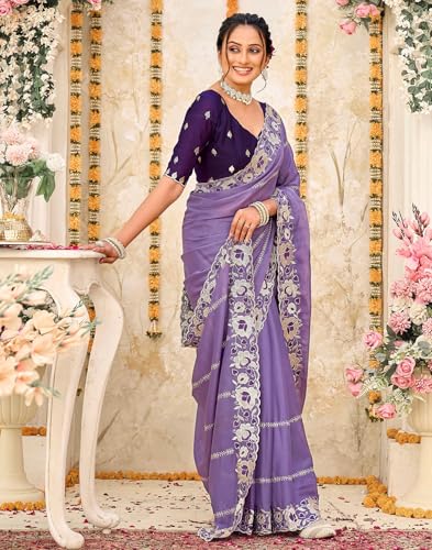 Image of SIRIL Women's Shimmer Georgette Scalloped Border Sequins Embroidery Saree with Unstitched Blouse Piece
