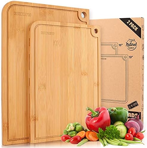 Pack of 2 Large Bamboo Cutting Boards with Juice Groove, 15" and 13'' Kitchen Wood Chopping Board with Hanging Hole, Large Serving Tray for Meat, Vegetables, Fruits, Bread and Cheese