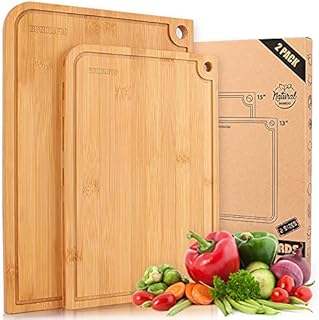 Pack of 2 Large Bamboo Cutting Boards with Juice Groove, 15" and 13'' Kitchen Wood Chopping Board with Hanging Hole, Large Serving Tray for Meat, Vegetables, Fruits, Bread and Cheese