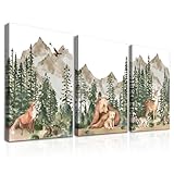 Dazzlewall 3 Stück Tiere Wandbilder, Hirsch Bär Fuchs Wand Kunstdrucke, Aquarell Waldtiere Leinwand Bilder für Zimmer Dekor Mit Rahmen 30x40 cm