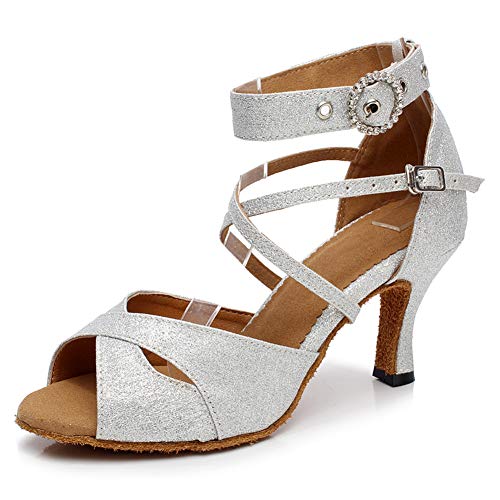 HIPPOSEUS Women Glitter Ballroom Dance Shoes Ankle Strap Latin Salsa Performance Dance Shoes,Model QJW
