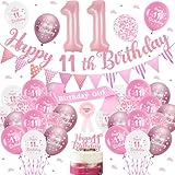 Happy 11th Birthday Decorations Girls - 47 Pcs Pink Birthday Decoration Banner Balloons Set with Award Ribbon Badge Sash, Banners Balloon Cake Topper for 11 Years Old Party Supplies - Image 1