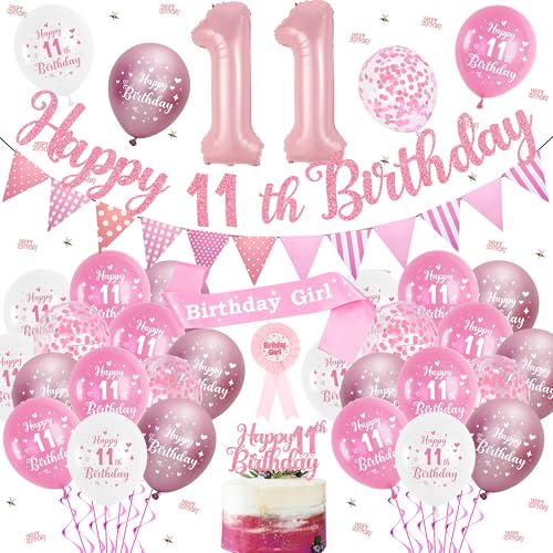 Happy 11th Birthday Decorations Girls - 47 Pcs Pink Birthday Decoration Banner Balloons Set with Award Ribbon Badge Sash, Banners Balloon Cake Topper for 11 Years Old Party Supplies