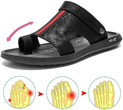 Hommes gros orteil os correcteur sandales d'été confortables chaussures de plage plates en cuir PU à bout ouvert pantoufles orthopédiques avec soutien de la voûte pour Hallux Valgus Bunion,Noir,42 Cover