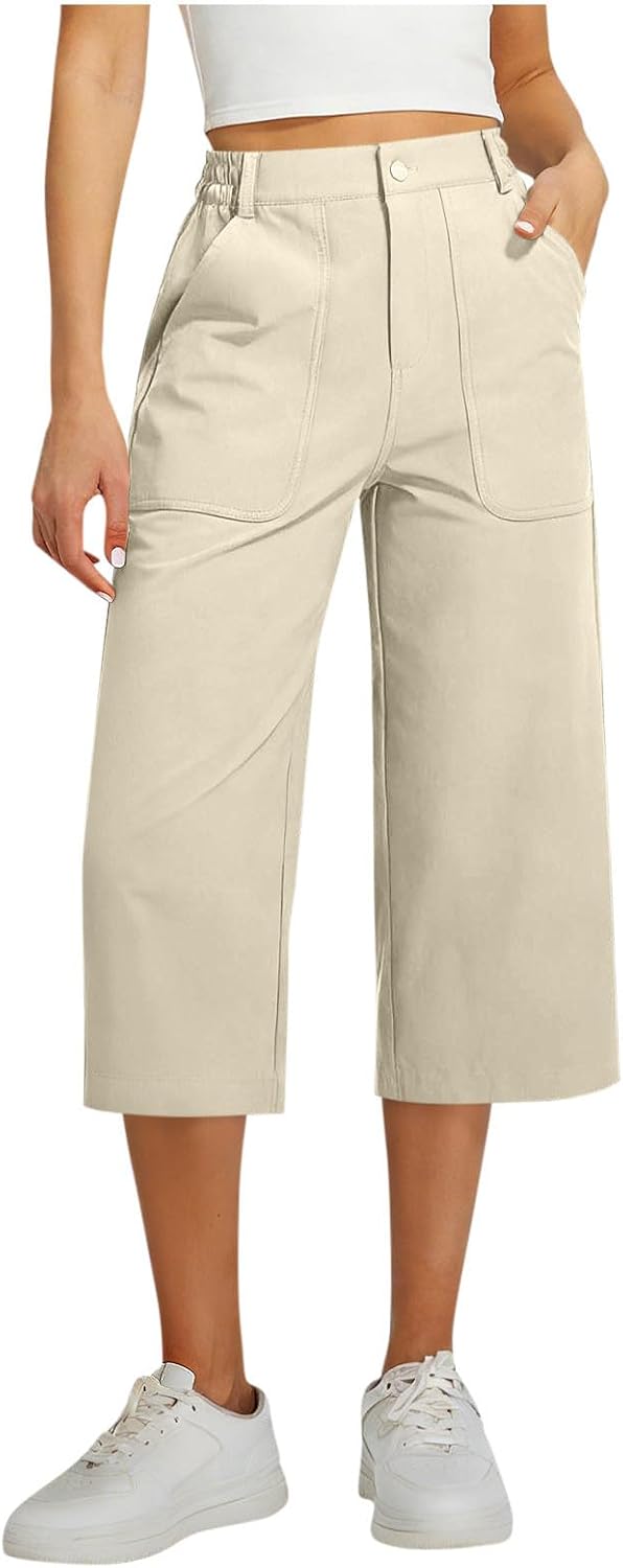 Capris Pants for Women Summer Casual Loose High Waist Wide Leg Lounge Beach Cropped Trousers with Pockets