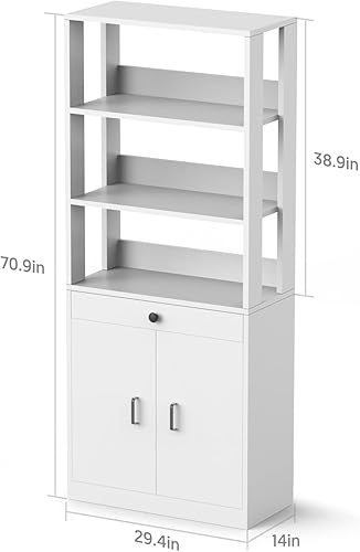 Miniatura 3 de Mostmahes Estantería alta industrial con cajones, armario de almacenamiento de libros, estantería blanca con puertas, estante abierto con estantes