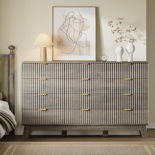 Image of BORNOON 57 inch Wide Dresser for Bedroom, 12-Drawer Fluted Dresser with Metal Handles, Wood Chest of Drawers with Smooth Slides and Stable Base, Modern Storage Cabinet for Living Room, Nursery